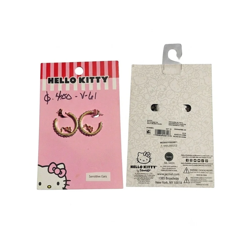 Hello Kitty Sanrio Gold Tone Rhinestone Hoop Earrings Red Bow Sensitive Ears NEW